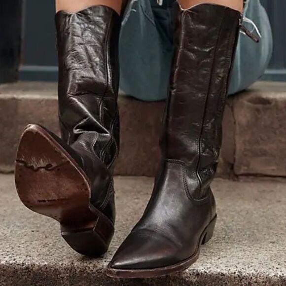 Free People We The Free Allistar Leather Pointed Western Boots- Vintage Black - Picture 3 of 10